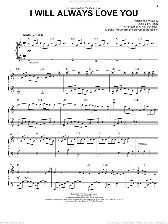 I Will Always Love You sheet music for piano solo by The Piano Guys, Whitney Houston and Dolly Parton, intermediate skill level