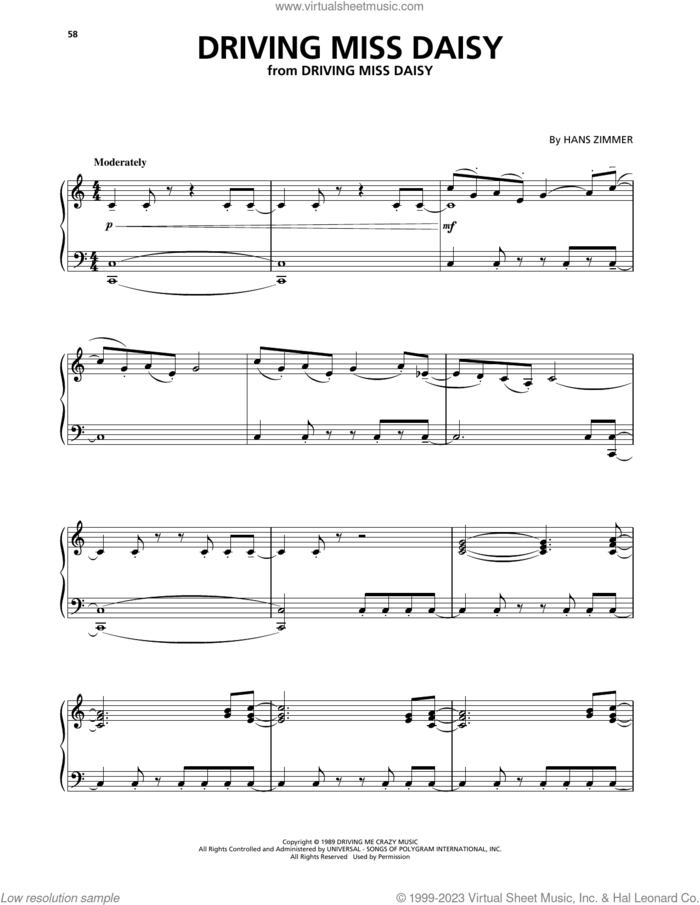 Driving Miss Daisy sheet music for piano solo by Hans Zimmer, intermediate skill level