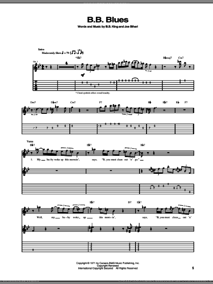 B.B. Blues sheet music for guitar (tablature) by B.B. King and Joe Bihari, intermediate skill level