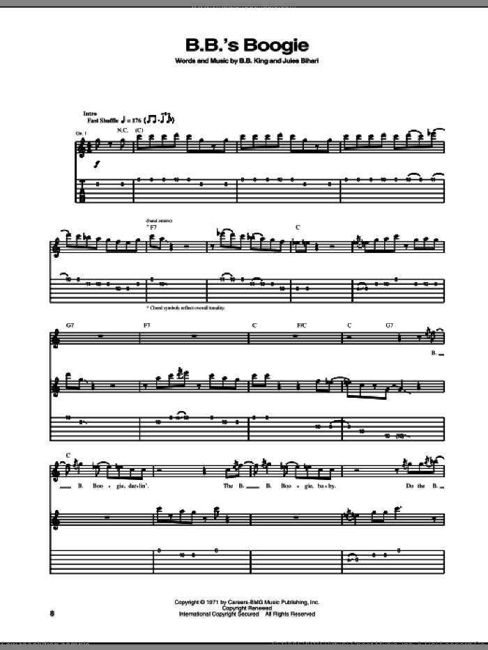 B.B.'s Boogie sheet music for guitar (tablature) by B.B. King and Jules Bihari, intermediate skill level
