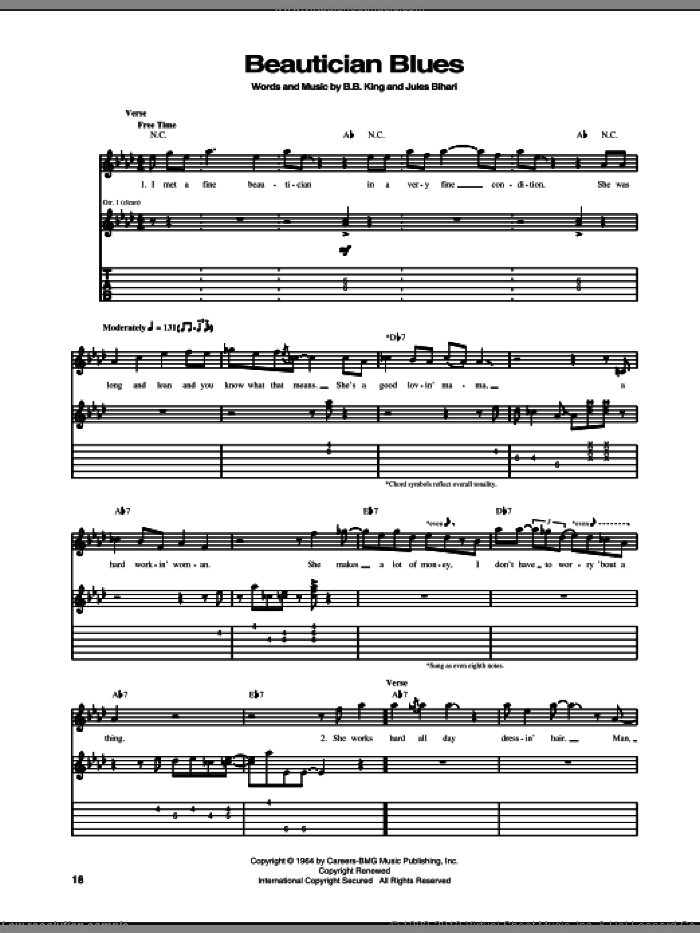 Beautician Blues sheet music for guitar (tablature) by B.B. King and Jules Bihari, intermediate skill level