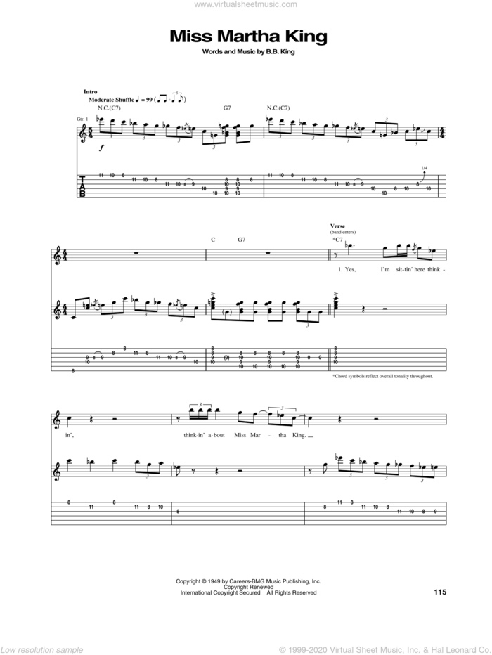 Miss Martha King sheet music for guitar (tablature) by B.B. King, intermediate skill level