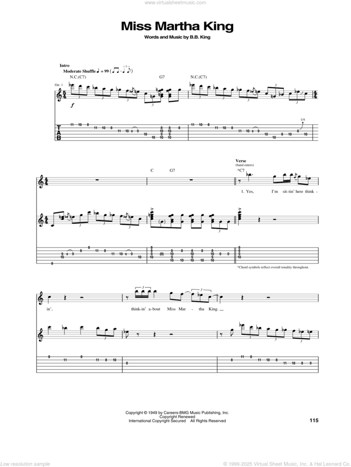 Miss Martha King sheet music for guitar (tablature) by B.B. King, intermediate skill level