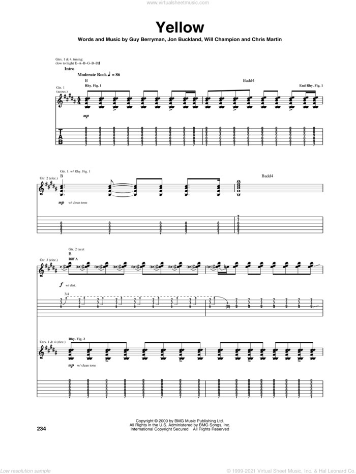 Yellow sheet music for guitar (tablature) by Coldplay, Chris Martin, Guy Berryman, Jon Buckland and Will Champion, intermediate skill level