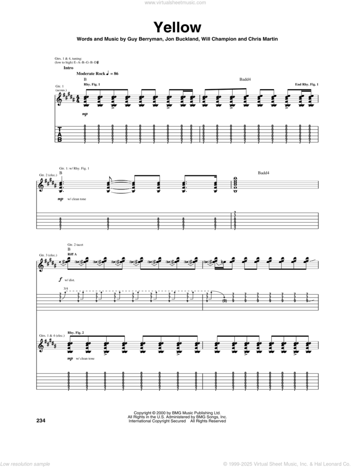 Yellow sheet music for guitar (tablature) by Coldplay, Chris Martin, Guy Berryman, Jon Buckland and Will Champion, intermediate skill level