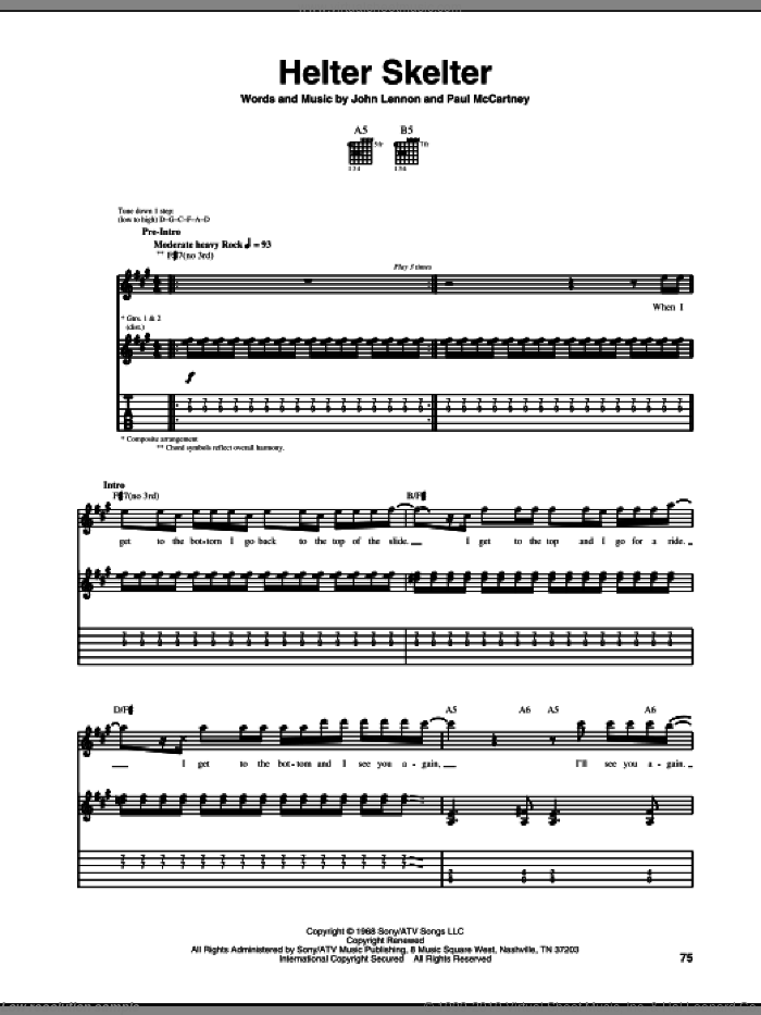 Helter Skelter sheet music for guitar (tablature) by Motley Crue, The Beatles, U2, John Lennon and Paul McCartney, intermediate skill level