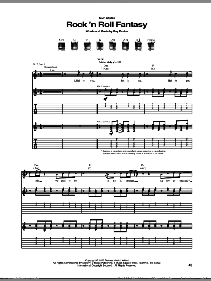 Rock 'N Roll Fantasy sheet music for guitar (tablature) by The Kinks and Ray Davies, intermediate skill level