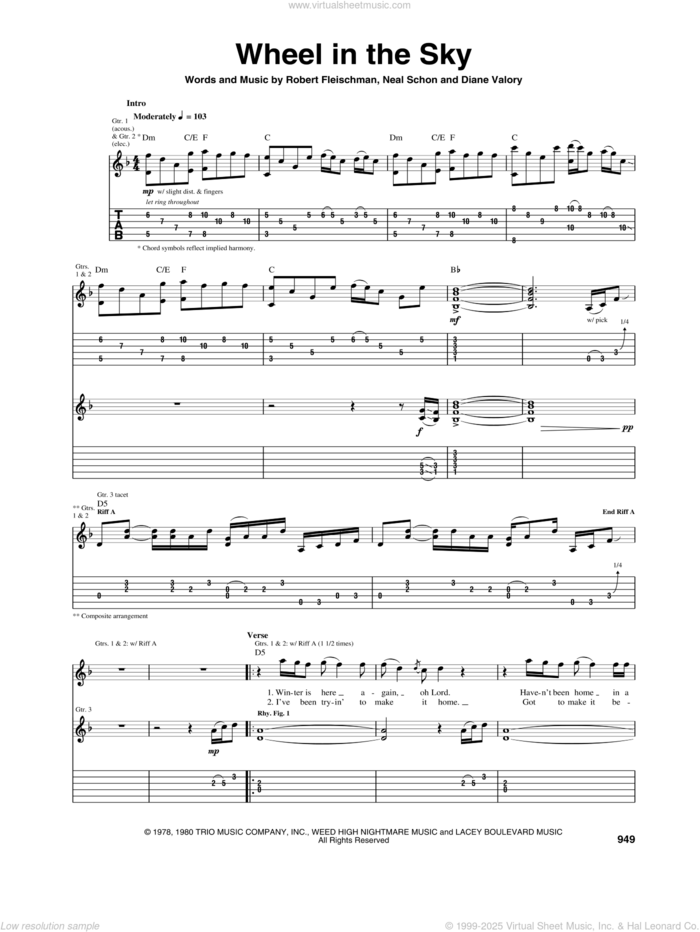 Wheel In The Sky sheet music for guitar (tablature) by Journey, Diane Valory, Neal Schon and Robert Fleischman, intermediate skill level