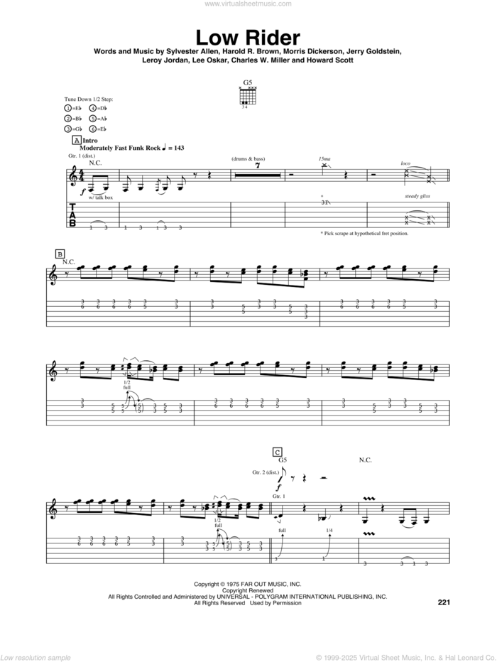 Low Rider sheet music for guitar (tablature) by Gary Hoey, War, Charles W. Miller, Harold R. Brown, Howard Scott, Jerry Goldstein, Lee Oskar, Leroy Jordan, Morris Dickerson and Sylvester Allen, intermediate skill level