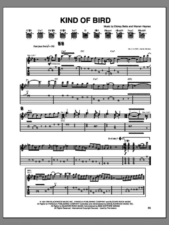 Kind Of Bird sheet music for guitar (tablature) by Warren Haynes, The Allman Brothers Band and Dickey Betts, intermediate skill level
