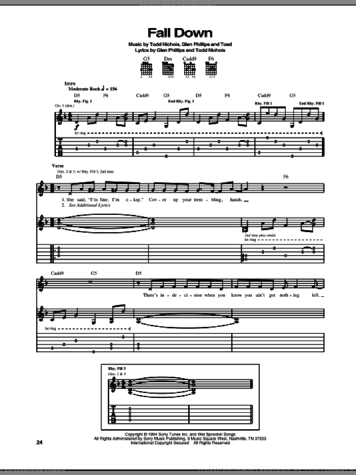 Fall Down sheet music for guitar (tablature) by Toad The Wet Sprocket, Glen Phillips, Toad and Todd Nichols, intermediate skill level