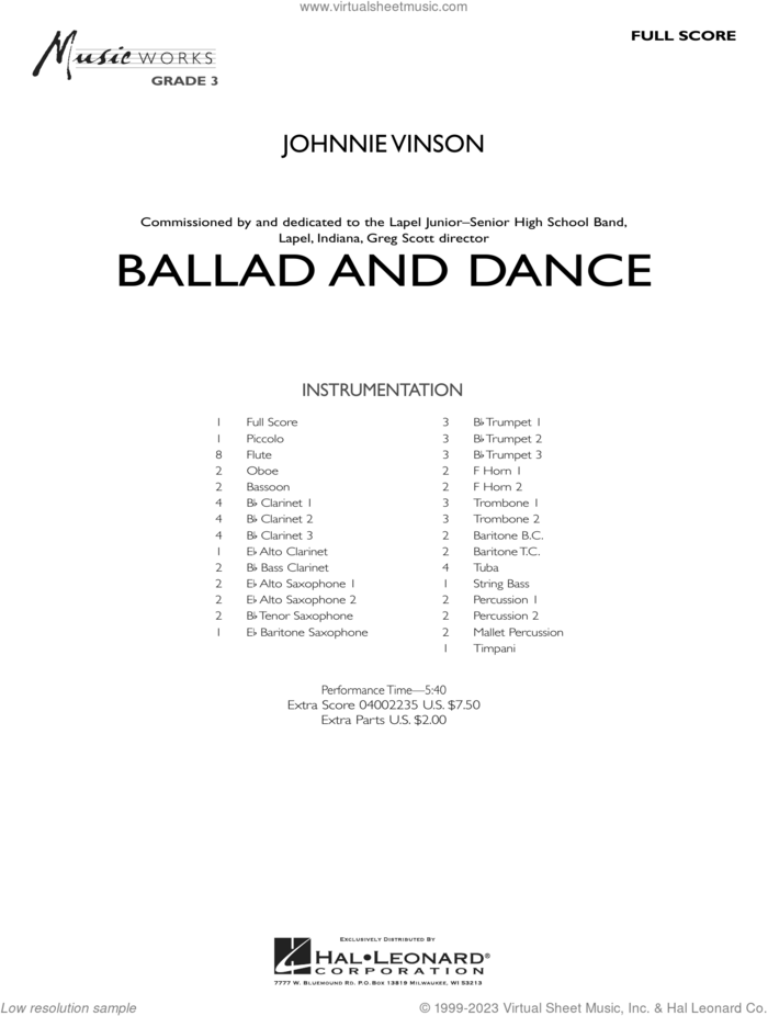 Ballad And Dance (COMPLETE) sheet music for concert band by Johnnie Vinson, intermediate skill level