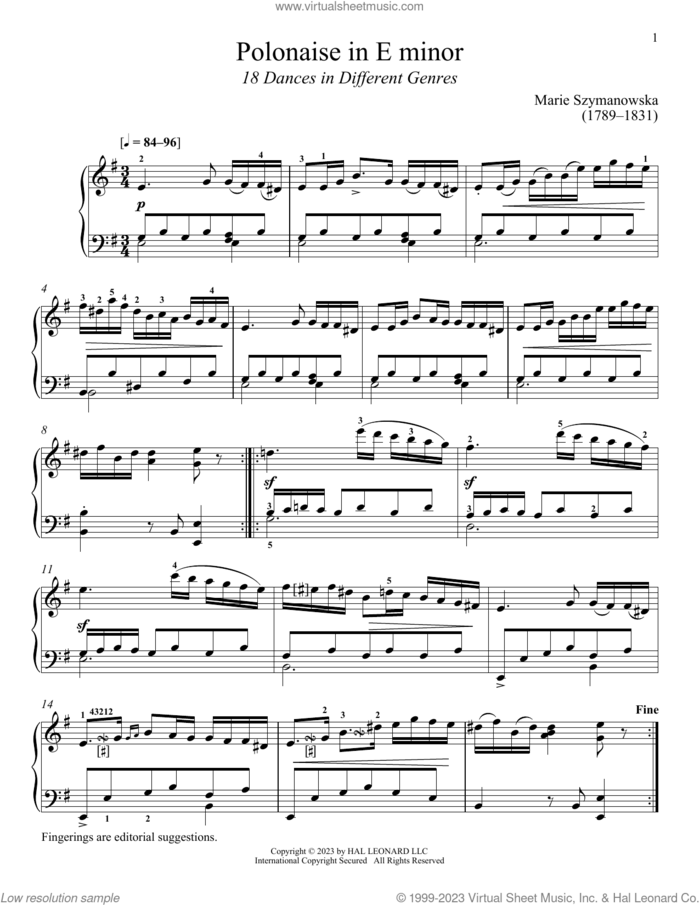 Polonaise in E minor sheet music for piano solo by Marie Szymanowska and Immanuela Gruenberg, classical score, intermediate skill level