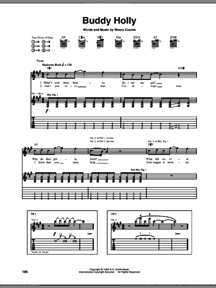 Buddy Holly sheet music for guitar (tablature) by Weezer and Rivers Cuomo, intermediate skill level