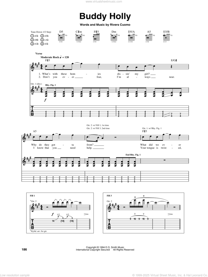 Buddy Holly sheet music for guitar (tablature) by Weezer and Rivers Cuomo, intermediate skill level