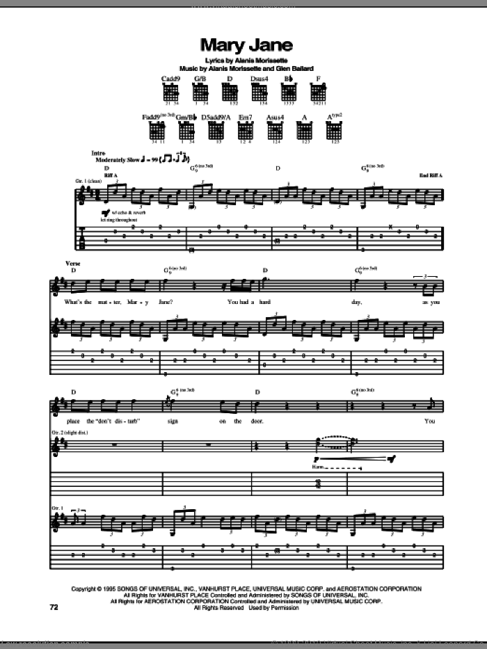 Mary Jane sheet music for guitar (tablature) by Alanis Morissette and Glen Ballard, intermediate skill level