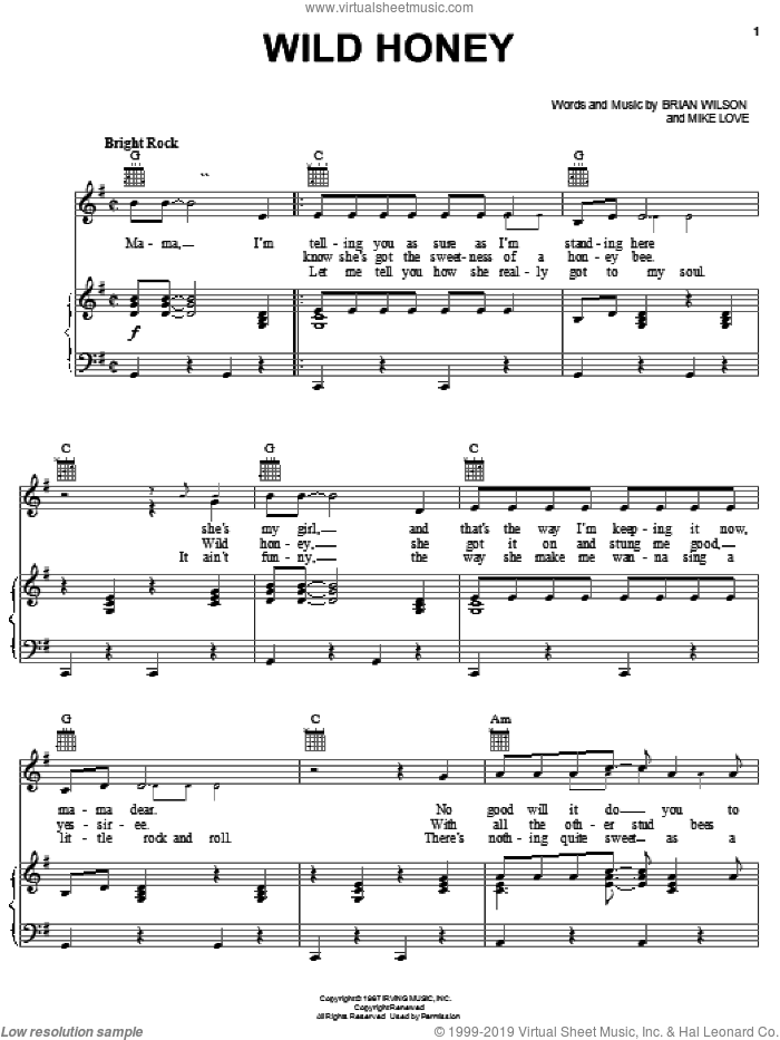 Wild Honey sheet music for voice, piano or guitar by The Beach Boys, Brian Wilson and Mike Love, intermediate skill level