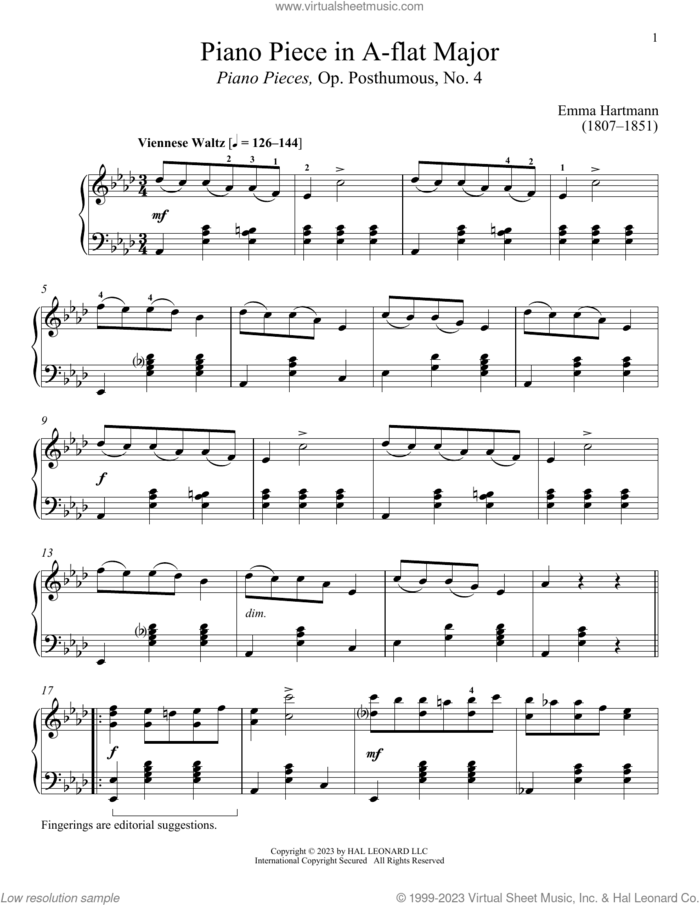 Piano Piece in A-flat Major sheet music for piano solo by Emma Hartmann and Immanuela Gruenberg, classical score, intermediate skill level