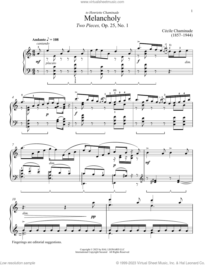 Melancholy sheet music for piano solo by Cecile Chaminade and Immanuela Gruenberg, classical score, intermediate skill level
