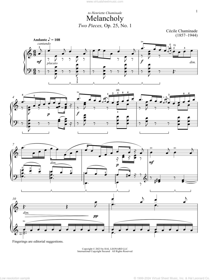 Melancholy sheet music for piano solo by Cecile Chaminade and Immanuela Gruenberg, classical score, intermediate skill level