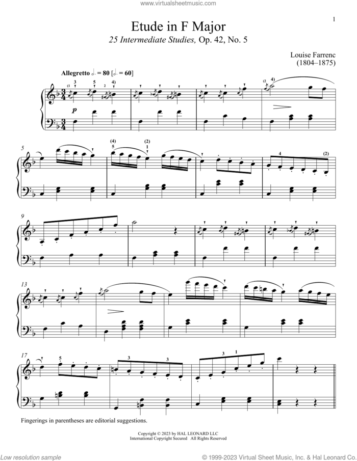 Etude in F Major sheet music for piano solo by Louise Dumont Farrenc and Immanuela Gruenberg, classical score, intermediate skill level