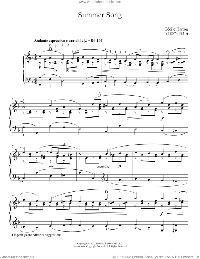 Summer Song sheet music for piano solo by Cecile Hartog and Immanuela Gruenberg, classical score, intermediate skill level