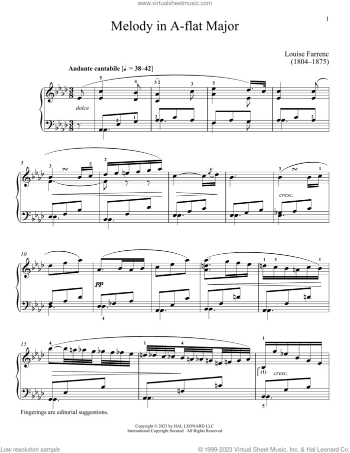 Melody in A-flat Major sheet music for piano solo by Louise Dumont Farrenc and Immanuela Gruenberg, classical score, intermediate skill level