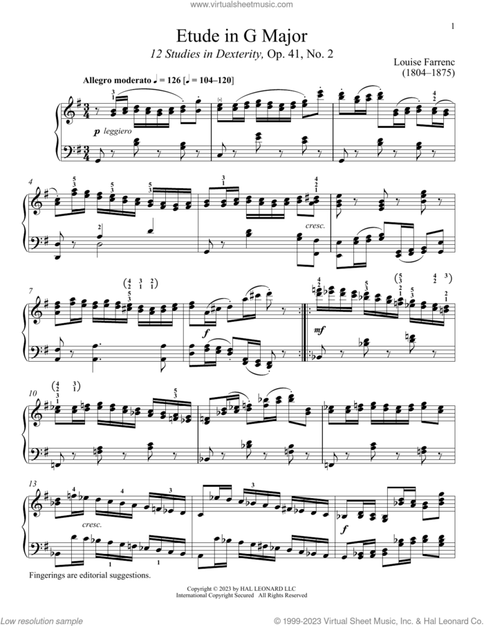 Etude in G Major sheet music for piano solo by Louise Dumont Farrenc and Immanuela Gruenberg, classical score, intermediate skill level
