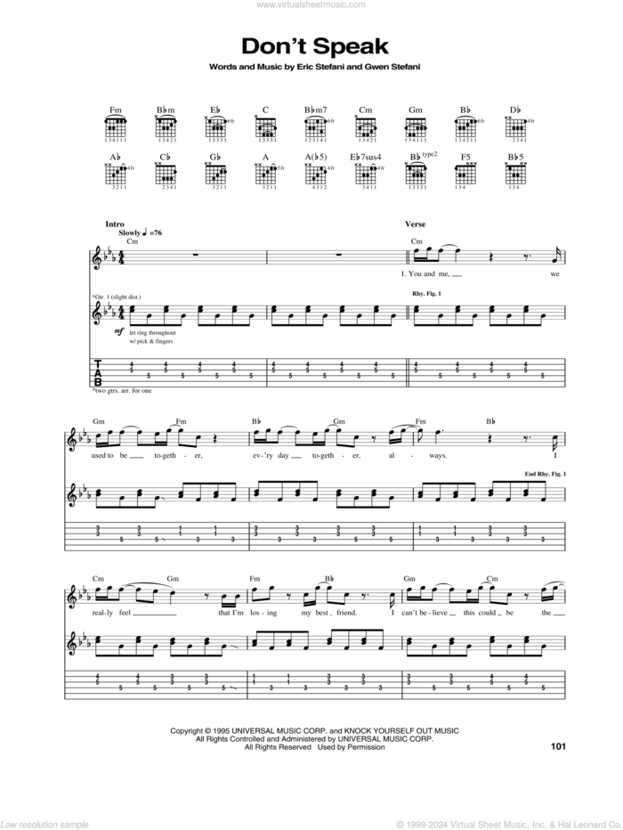 Don't Speak sheet music for guitar (tablature) by No Doubt, Eric Stefani and Gwen Stefani, intermediate skill level
