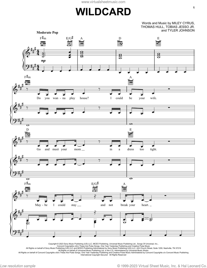 Wildcard sheet music for voice, piano or guitar by Miley Cyrus, Tobias Jesso Jr., Tom Hull and Tyler Johnson, intermediate skill level