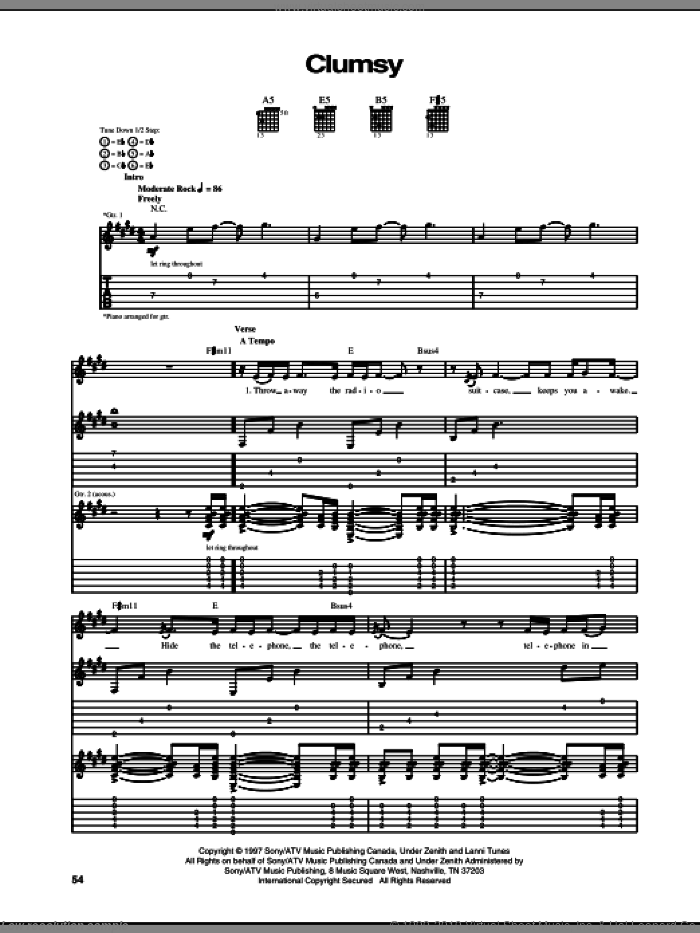 Clumsy sheet music for guitar (tablature) by Our Lady Peace and Arnold Lanni, intermediate skill level