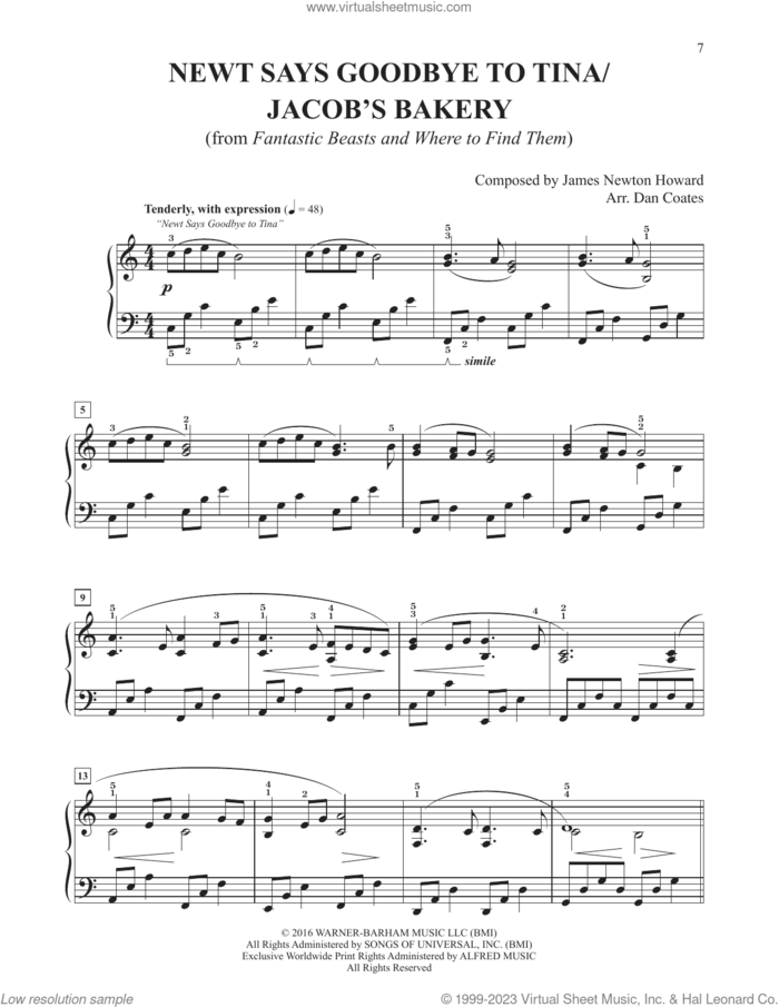 Newt Says Goodbye To Tina / Jacob's Bakery (arr. Dan Coates) sheet music for piano solo by James Newton Howard, easy skill level