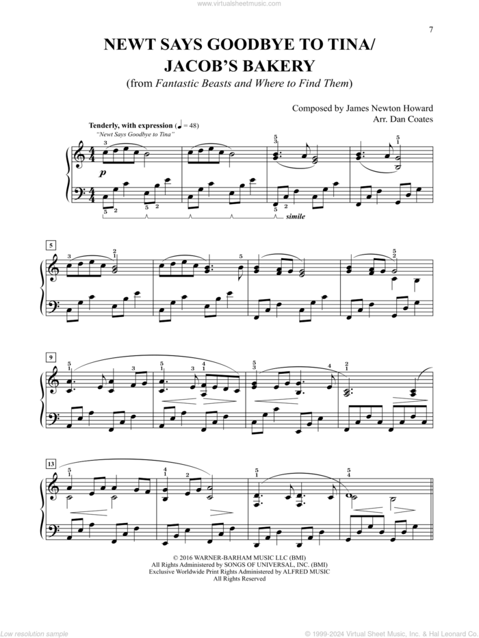 Newt Says Goodbye To Tina / Jacob's Bakery (arr. Dan Coates) sheet music for piano solo by James Newton Howard, easy skill level