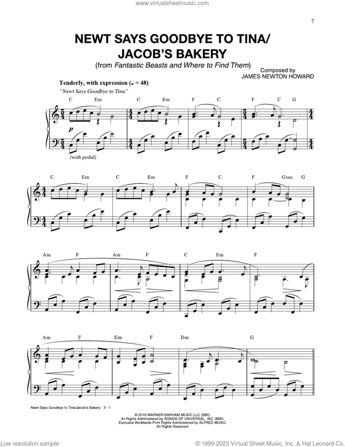 Newt Says Goodbye To Tina / Jacob's Bakery (from Fantastic Beasts And Where To Find Them) sheet music for piano solo by James Newton Howard, intermediate skill level