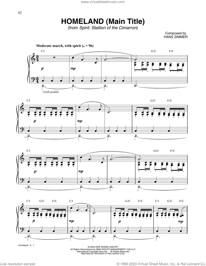 Homeland (Main Title) (from Spirit: Stallion Of The Cimarron) sheet music for piano solo by Hans Zimmer, intermediate skill level