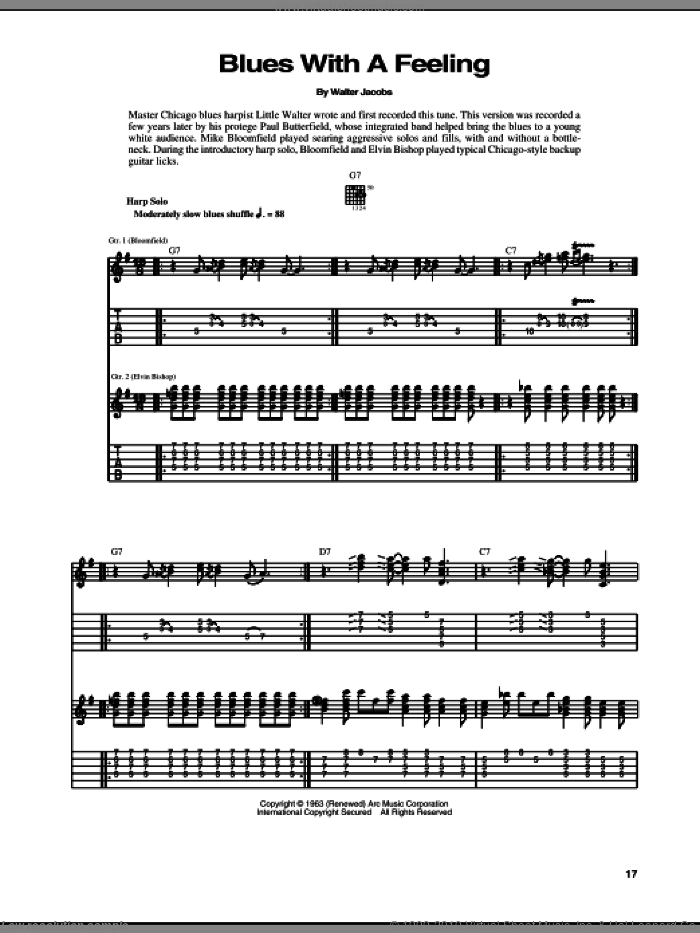 Blues With A Feeling sheet music for guitar (tablature) by Walter Jacobs, intermediate skill level