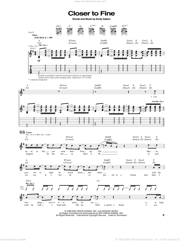 Closer To Fine sheet music for guitar (tablature) by Indigo Girls and Emily Saliers, intermediate skill level