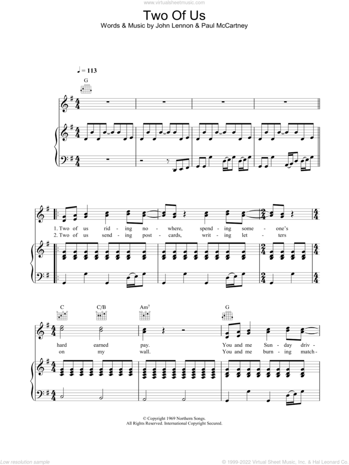 Two Of Us sheet music for voice, piano or guitar by The Beatles, intermediate skill level
