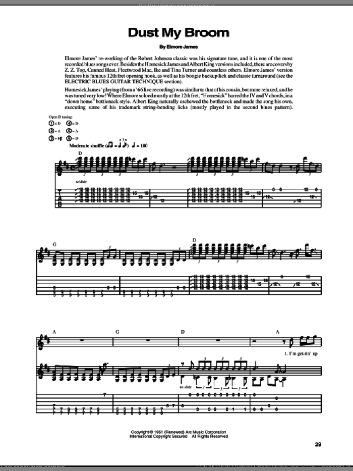 Dust My Broom sheet music for guitar (tablature) by Elmore James and Robert Johnson, intermediate skill level