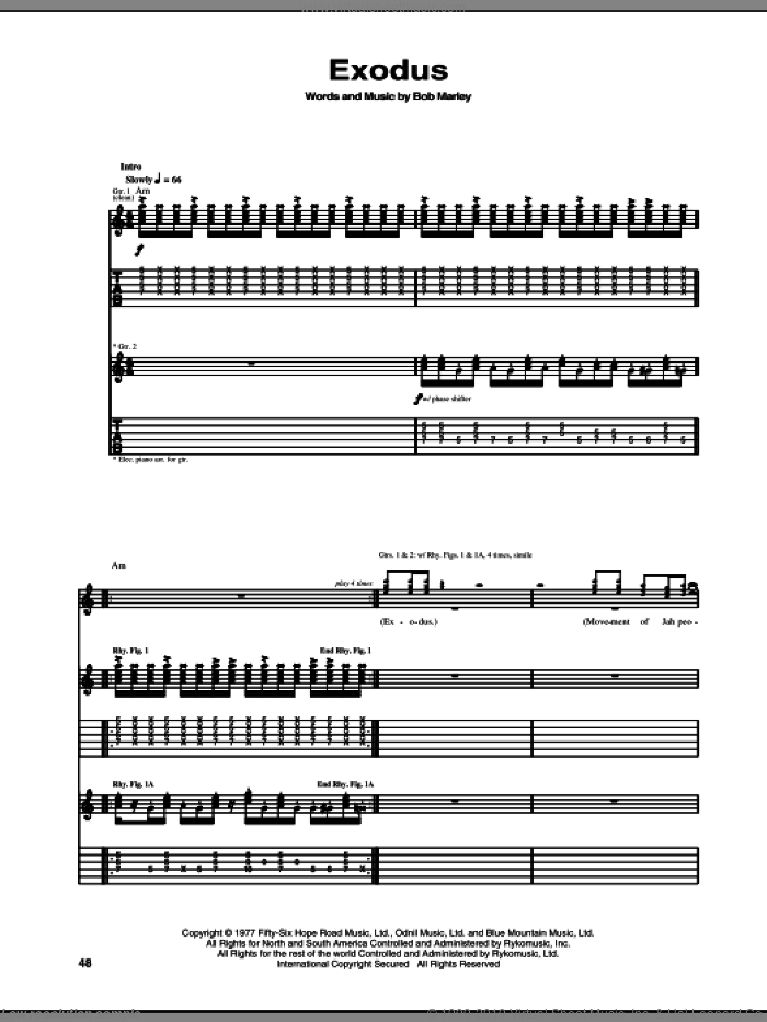 Exodus sheet music for guitar (tablature) by Bob Marley and Bob Marley and The Wailers, intermediate skill level