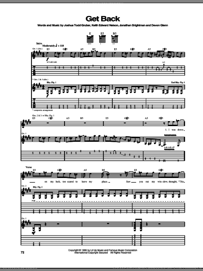 Get Back sheet music for guitar (tablature) by Buckcherry, Devon Glenn, Jonathan Brightman, Joshua Todd Gruber and Keith Edward Nelson, intermediate skill level