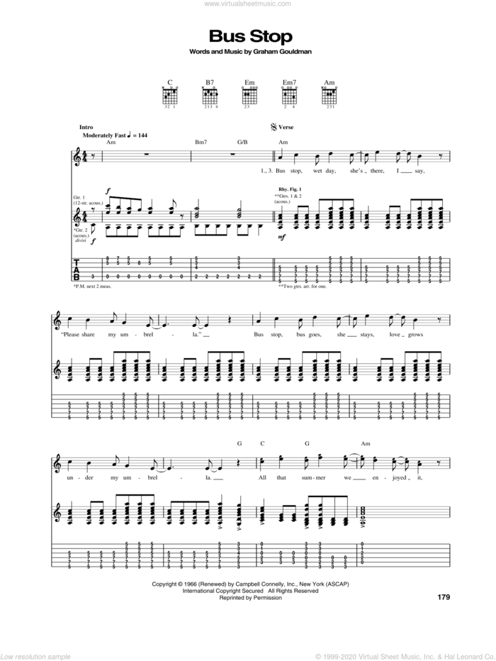 Bus Stop sheet music for guitar (tablature) by The Hollies and Graham Gouldman, intermediate skill level