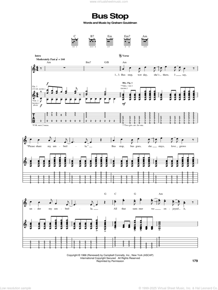 Bus Stop sheet music for guitar (tablature) by The Hollies and Graham Gouldman, intermediate skill level