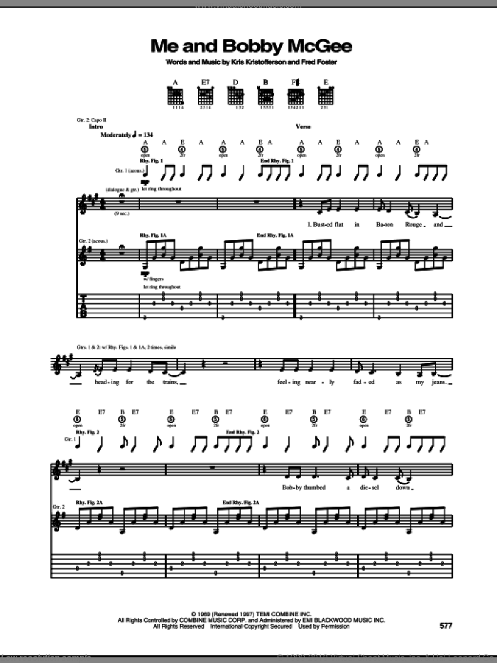 Me And Bobby McGee sheet music for guitar (tablature) by Kris Kristofferson, Janis Joplin and Fred Foster, intermediate skill level