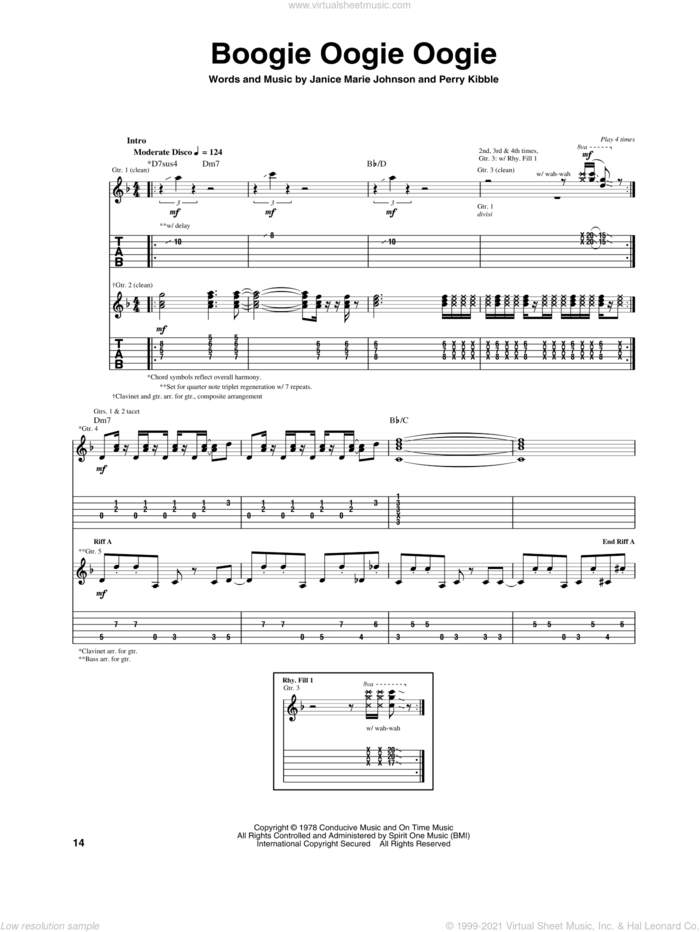 Boogie Oogie Oogie sheet music for guitar (tablature) by A Taste Of Honey, Janice Marie Johnson and Perry Kibble, intermediate skill level