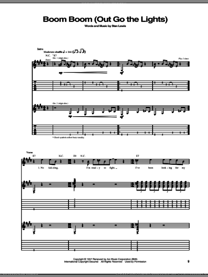 Boom Boom (Out Go The Lights) sheet music for guitar (tablature) by Little Walter and Stanley Lewis, intermediate skill level