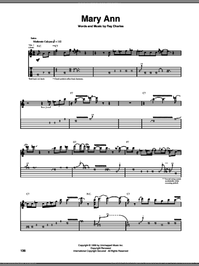 Mary Ann sheet music for guitar (tablature) by Ray Charles, intermediate skill level