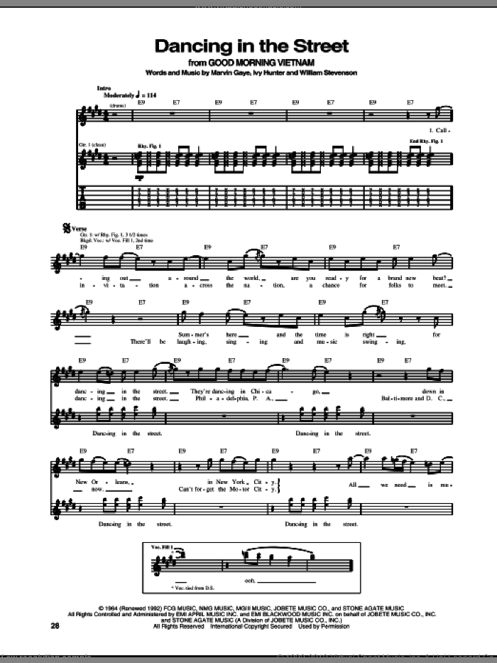 Dancing In The Street sheet music for guitar (tablature) by Martha & The Vandellas, David Bowie and Mick Jagger, Edward Van Halen, Ivy Hunter, Marvin Gaye and William Stevenson, intermediate skill level
