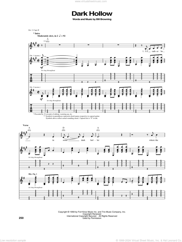 Dark Hollow sheet music for guitar (tablature) by Grateful Dead and Bill Browning, intermediate skill level