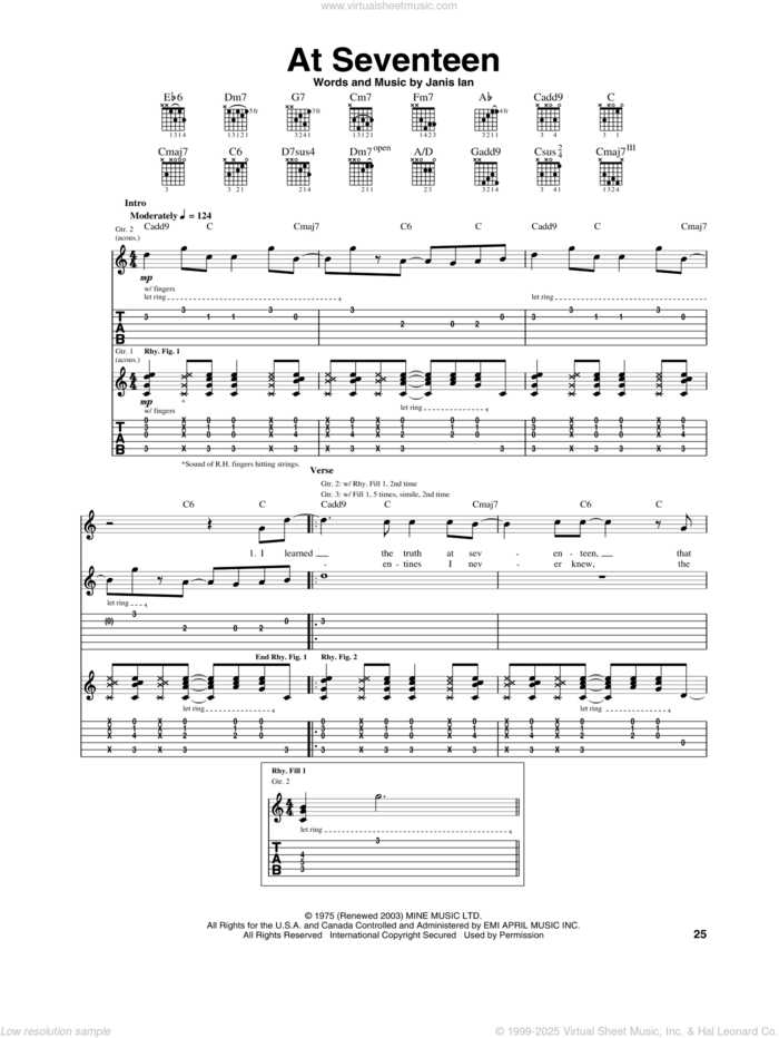 At Seventeen sheet music for guitar (tablature) by Janis Ian, intermediate skill level